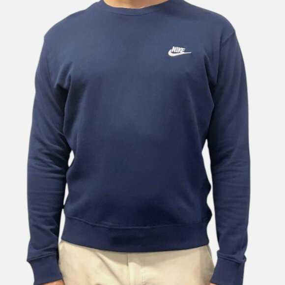 Nike Men’s Club Fleece Crew Obsidian White Pullover BV2662-410 Small Fast Ship - Picture 1 of 4